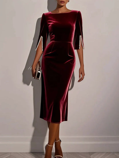 Damen Samtkleid Figurbetont Perlendetails Eveloria