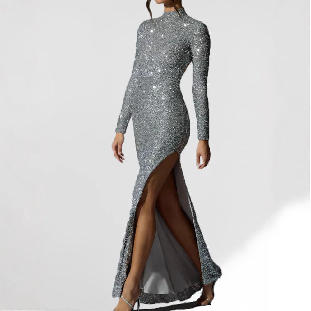 Damen Abendkleid Langarm Schimmernder Schlitz Eveloria