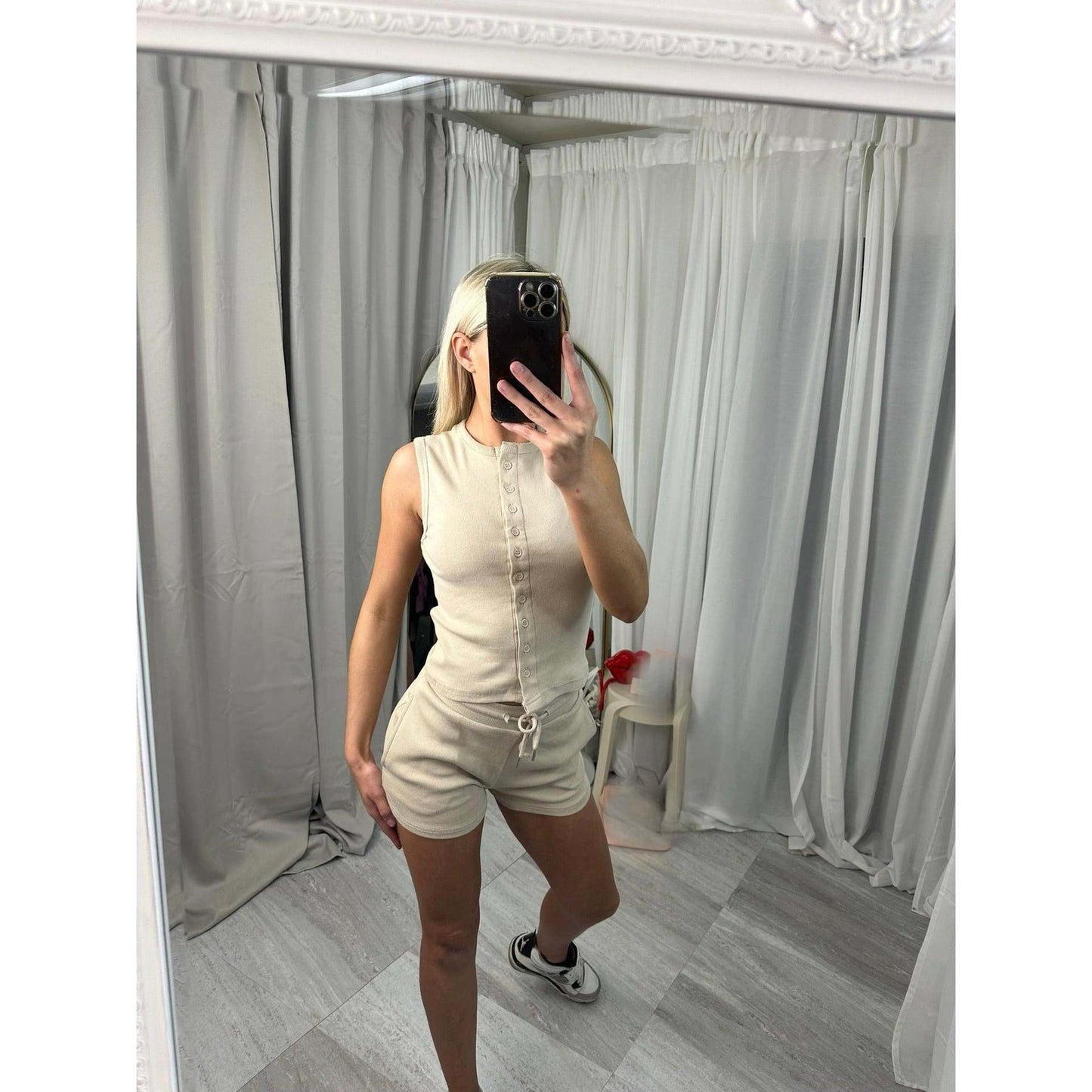 Damen Kurzoverall Set Knopfverschluss Verstellbar