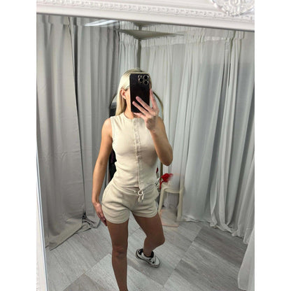 Damen Kurzoverall Set Knopfverschluss Verstellbar