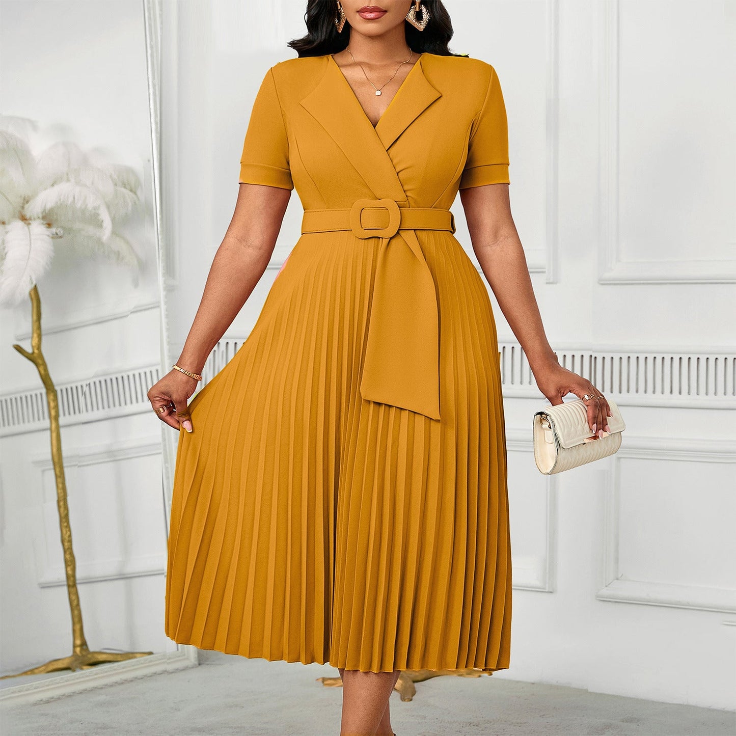 Damen Plissee-Kleid mit Taillenblazer und abnehmbarem Gürtel