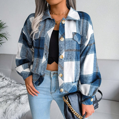 Damen Karo Overshirt mit Druckknöpfen und Brusttaschen