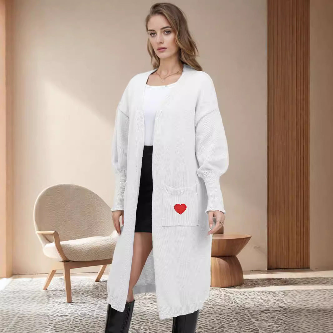 Damen Strickjacke Langarm mit Herzen Offene Taschen