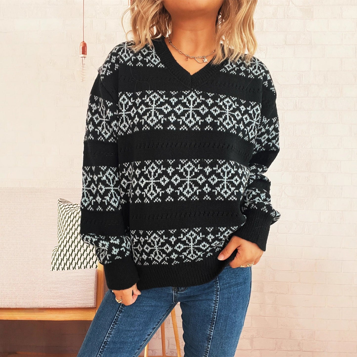 Damen Grobstrickpullover Schneeflockenmuster Eveloria