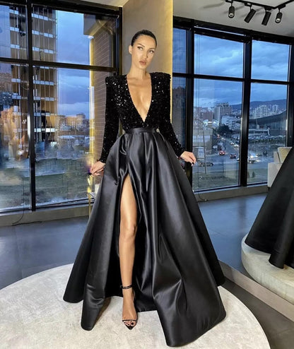 Damen Abendkleid tiefes V mit Glanzakzenten Eveloria