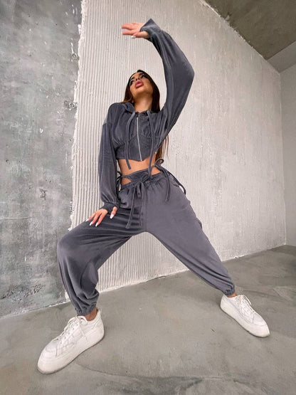 Damen Sportliches Velours-Set Reißverschluss Taillenschnitt Cropped