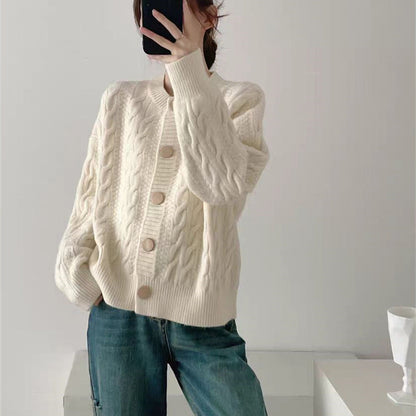 Damen Strickjacke Kabelmuster Große Knöpfe Beige