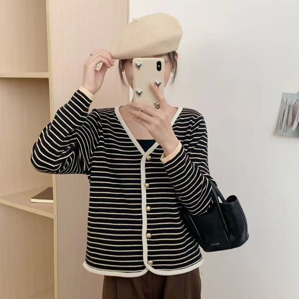 Damen Cardigan Gestreift V-Ausschnitt Elegante Knöpfe