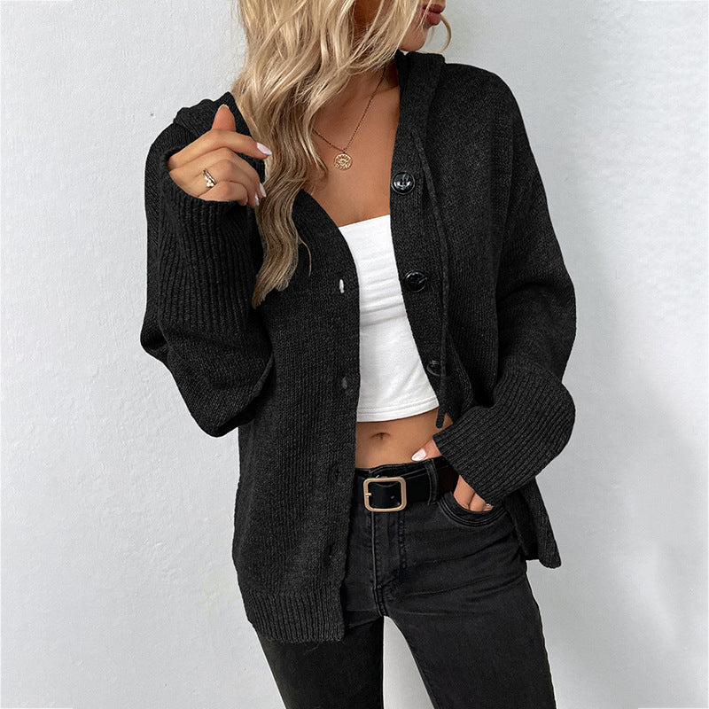 Damen Strickjacke Kapuze Grobstrick Grau