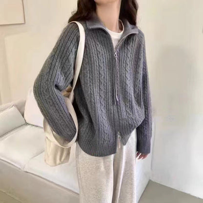 Damen Strickjacke Kabelmuster mit Reißverschluss Anthrazit