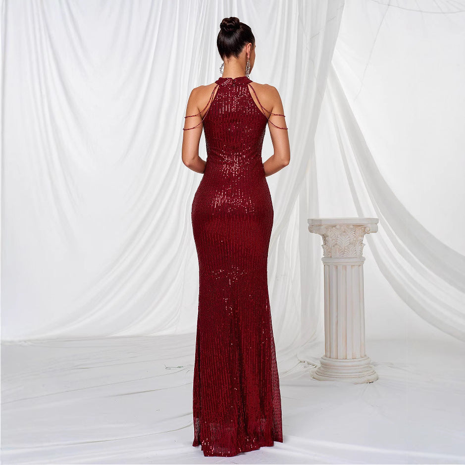 Eveloria Damen Abendkleid Langarm Pailletten Hochkragen