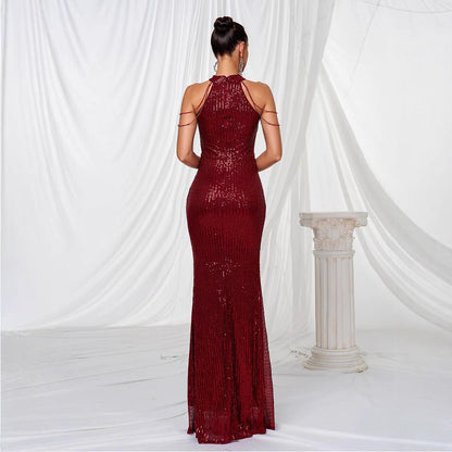 Eveloria Damen Abendkleid Langarm Pailletten Hochkragen