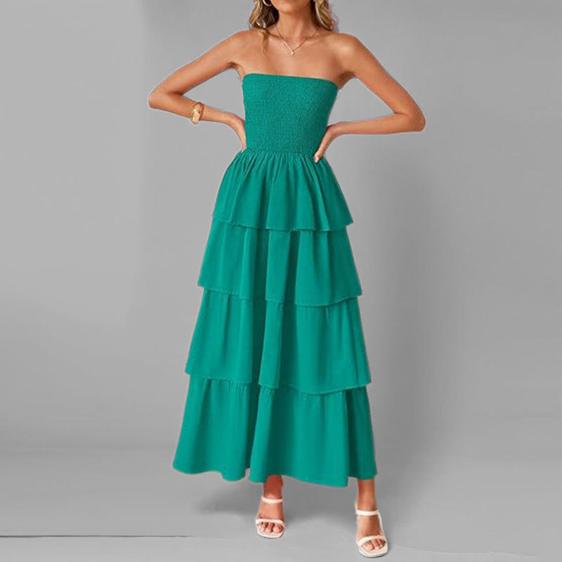 Damen Maxikleid Schulterfrei Voluminöse Rüschenschichten Eveloria