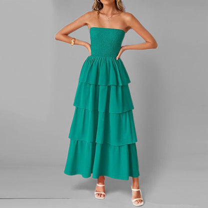 Damen Maxikleid Schulterfrei Voluminöser Stufenrock