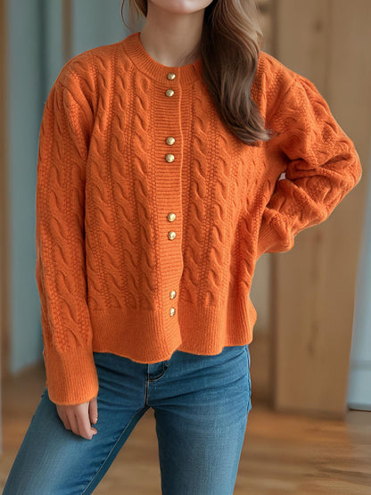 Damen Grobstrickjacke Kabelmuster Dekorative Knöpfe