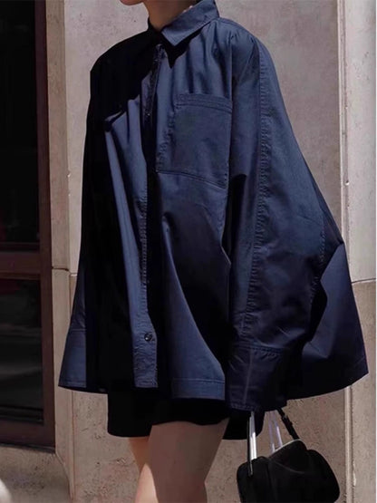 Damen Oversized Hemdbluse Klassischer Kragen Seiten-Tasche Eveloria