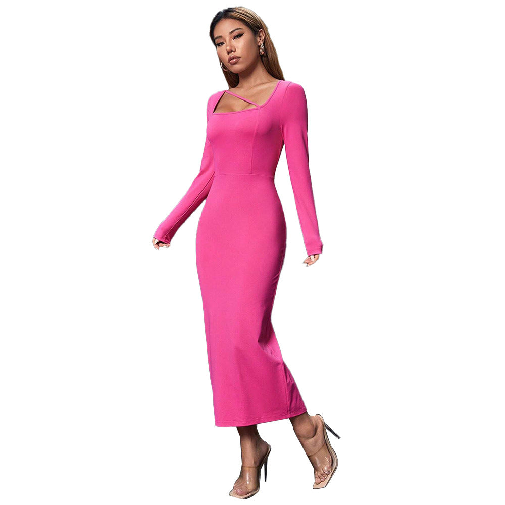 Damen Midi-Kleid Asymmetrischer Ausschnitt Figurformend