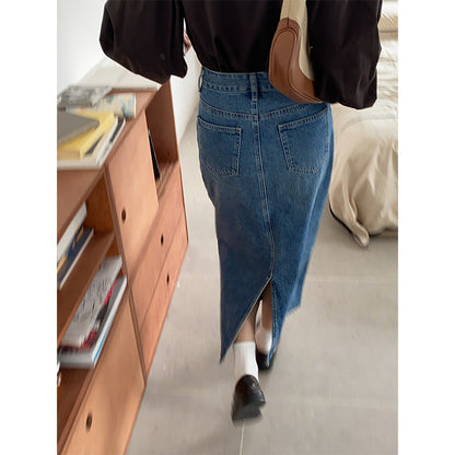 Damen Denimrock Lang Modische Taschen Blau Eveloria - Eveloria