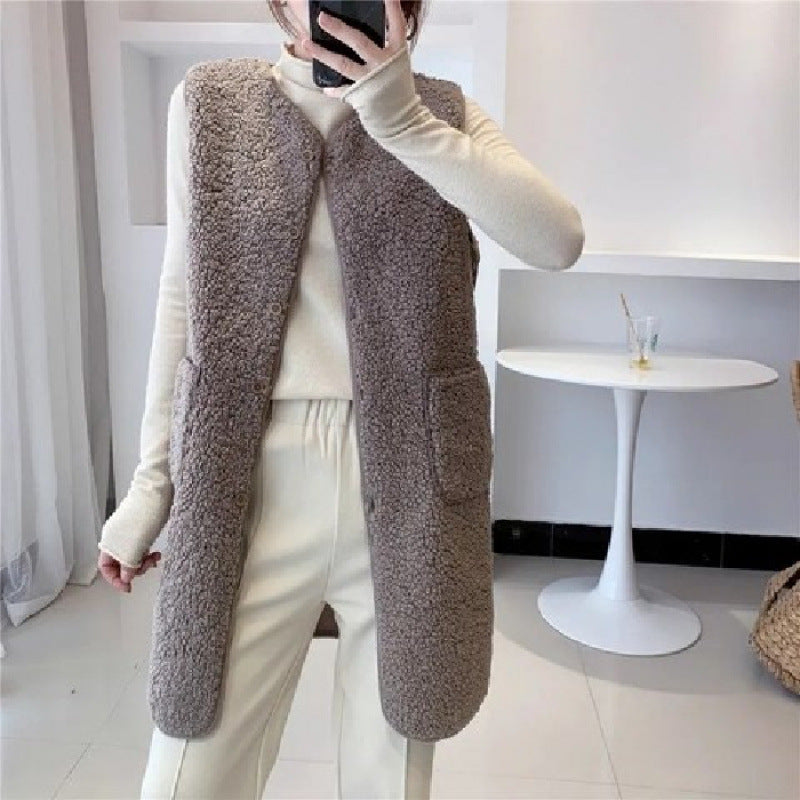Damen Weste Kuschelig Druckknöpfe Seitentaschen Beige