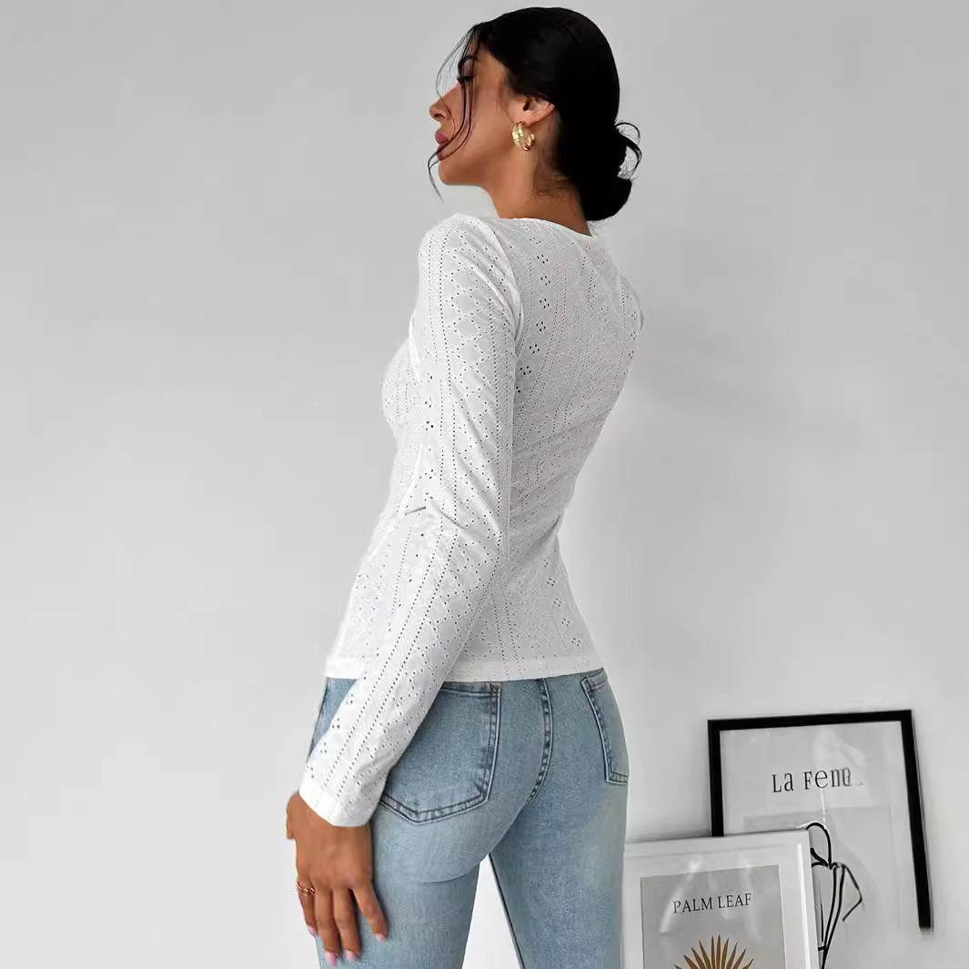 Damen Langarmshirt Baumwolle Dekorativ Cut-Out-Details Weiss