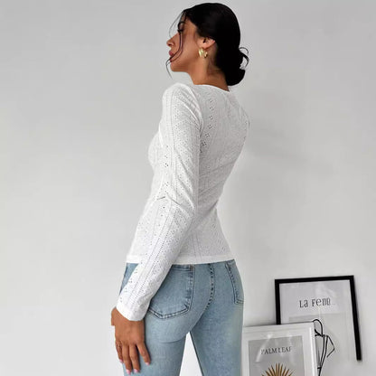 Damen Langarmshirt Baumwolle Dekorativ Cut-Out-Details Weiss