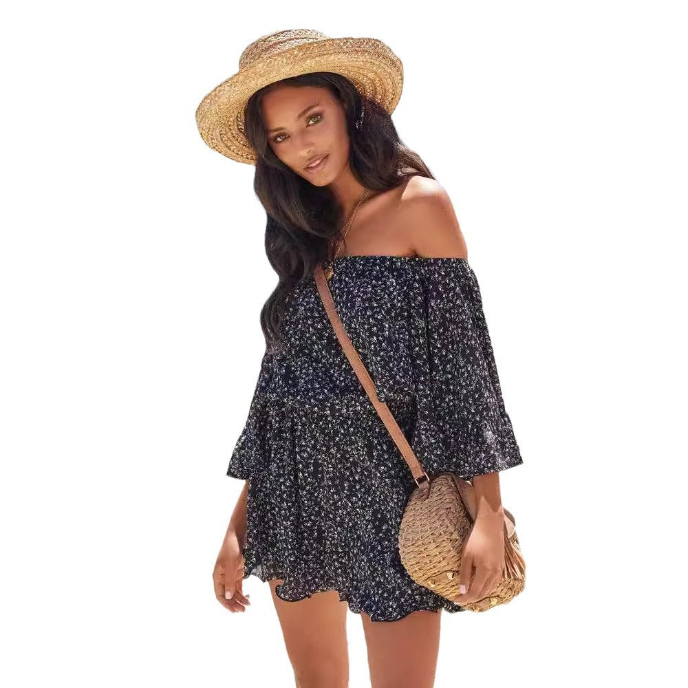 Damen Sommerkleid Off-Shoulder Rüschenärmel Elastisch