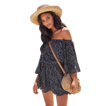 Damen Sommerkleid Off-Shoulder Rüschenärmel Elastisch