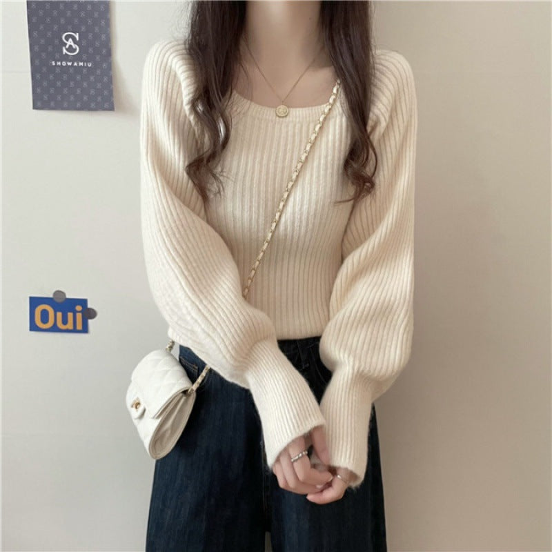Damen Rippstrickpullover Weite Ärmel Bequem Grau