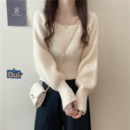 Damen Rippstrickpullover Weite Ärmel Bequem Grau