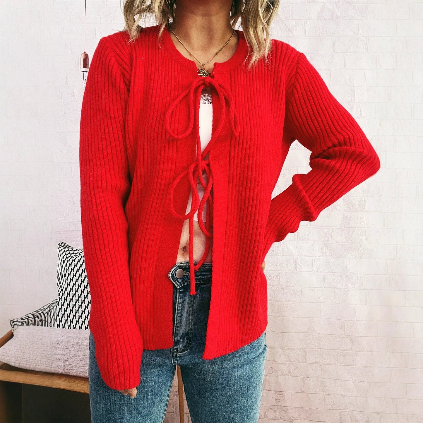 Damen Strickjacke mit Kordelzug und breiten Ärmeln