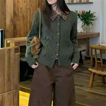Damen Strickjacke Strukturiertes Muster Klassischer Hemdkragen Beige