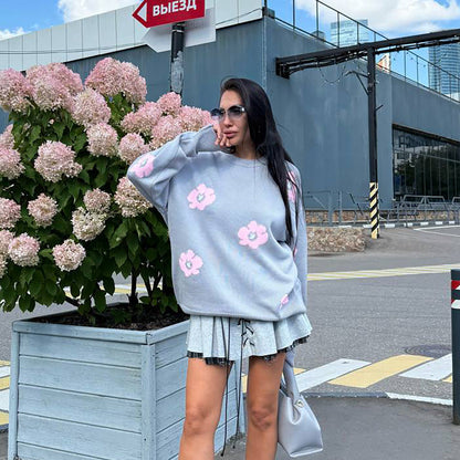 Damen Pullover Grobgestrickt Blumenmuster Eveloria