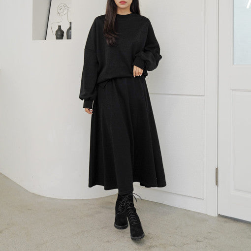 Damen Sweatshirt Set mit Maxi-Rock und Taschen Elegant Schwarz - Eveloria