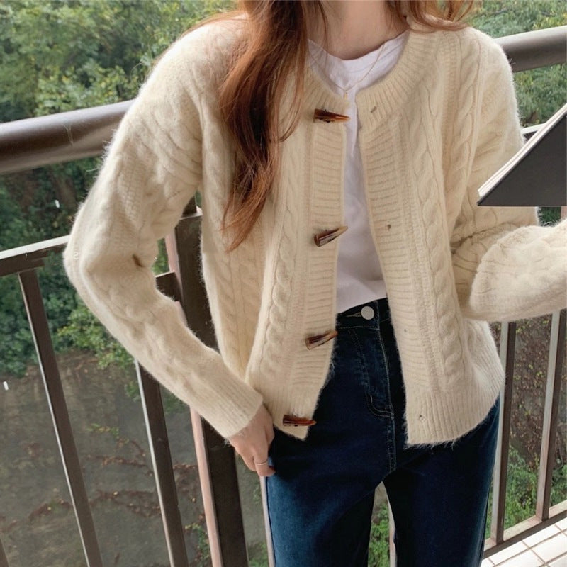 Damen Strickjacke Zopfmuster Elegante Knöpfe Beige