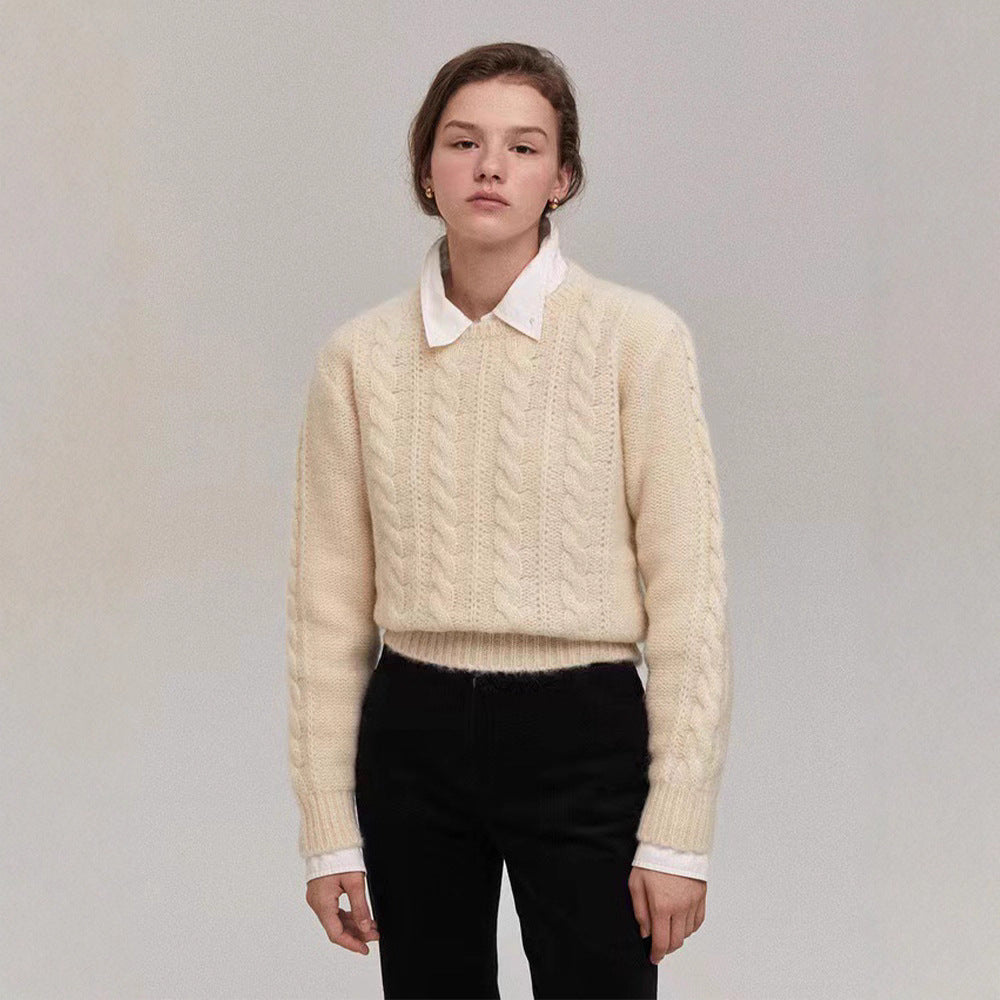 Damen Strickpullover Zopfmuster Kuschelfleece Beige - Eveloria