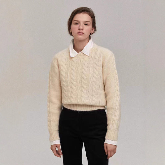 Damen Strickpullover Zopfmuster Kuschelfleece Beige - Eveloria