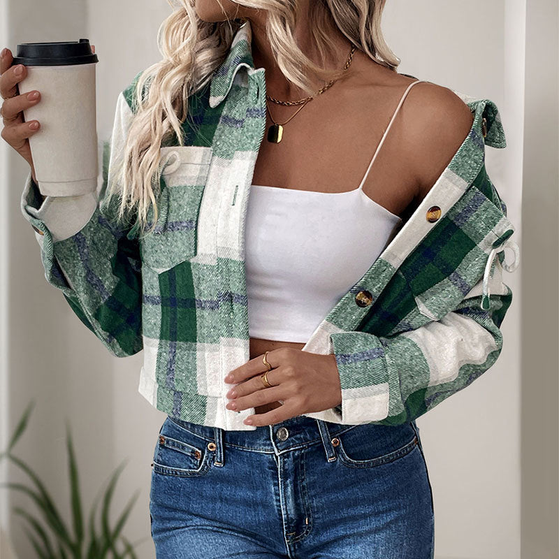 Damen Cropped Bluse Karo Nostalgisch Knöpfe Eveloria