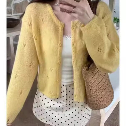 Damen Strickjacke Blütenmuster Elegant Knöpfe Beige