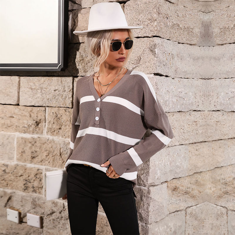 Damen Strickpullover V-Ausschnitt Knöpfe Beige Eveloria - Eveloria