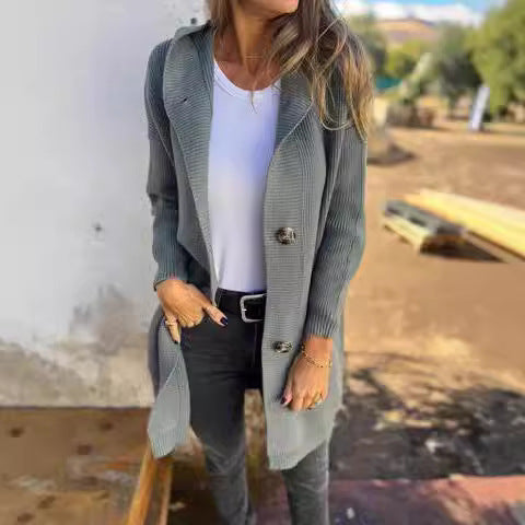 Damen Strickmantel mit Taschen und Knöpfen Elegant