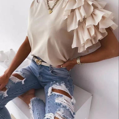 Damen T-Shirt Rüschendetails Trend Elegant Weiß