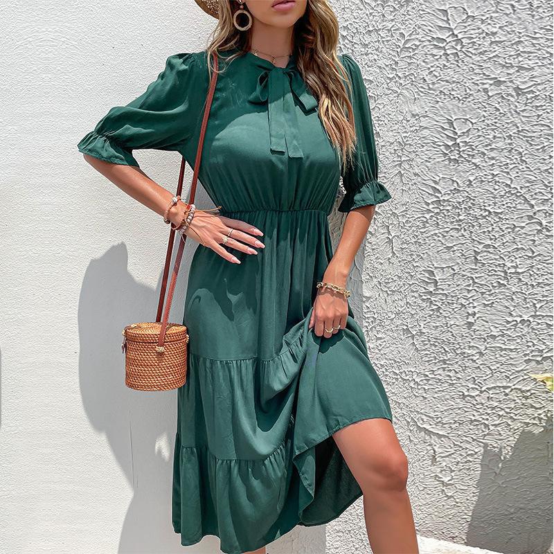 Damen Midi-Kleid mit Krawatte und Rüschensäumen