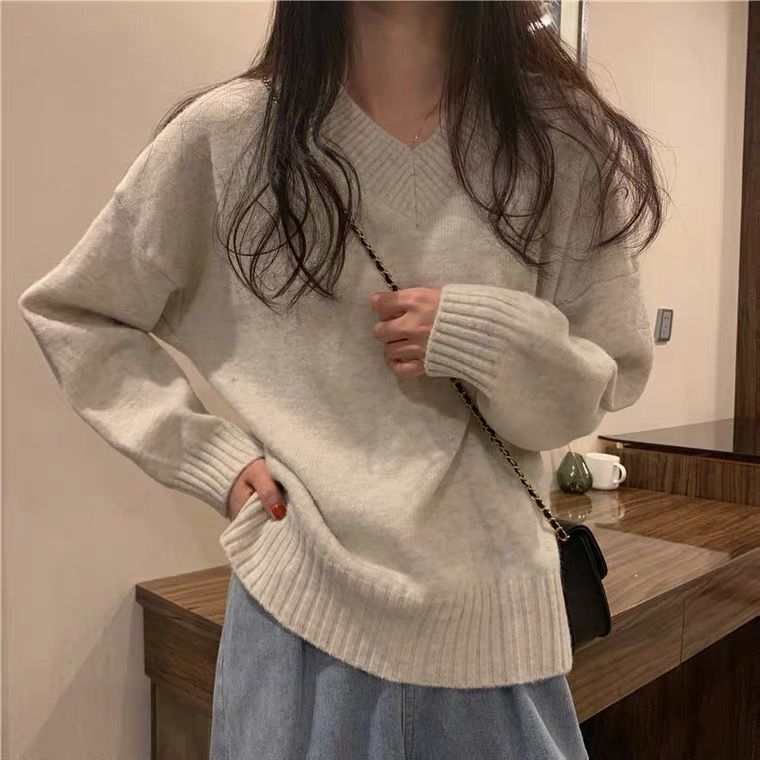 Damen Pullover Weich Wolle V-Ausschnitt Beige Eveloria