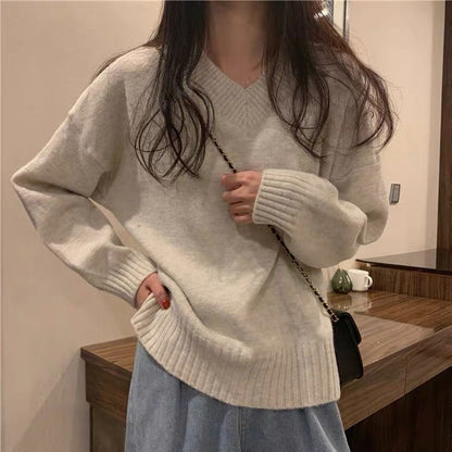 Damen Pullover Weich Wolle V-Ausschnitt Beige Eveloria