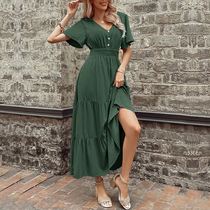 Damen Maxikleid Rüschendetails Taillengürtel Eveloria