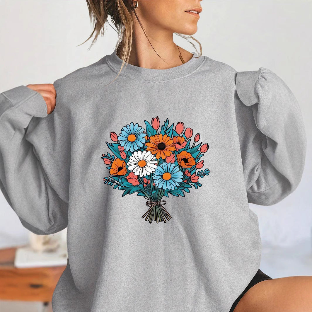 Damen Oversized Sweatshirt Florale Grafikdetails Grau