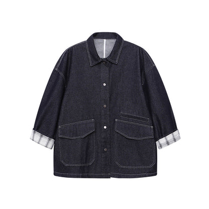 Damen Vintage Jeansjacke mit Taschen und Druckknöpfen Blau Eveloria