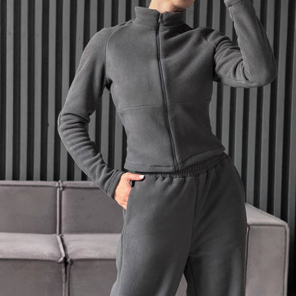 Damen Fleece Jogginganzug Hochkragen Praktische Taschen