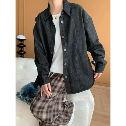 Damen Oversized Denimbluse mit Taschen und Knöpfen Blau - Eveloria