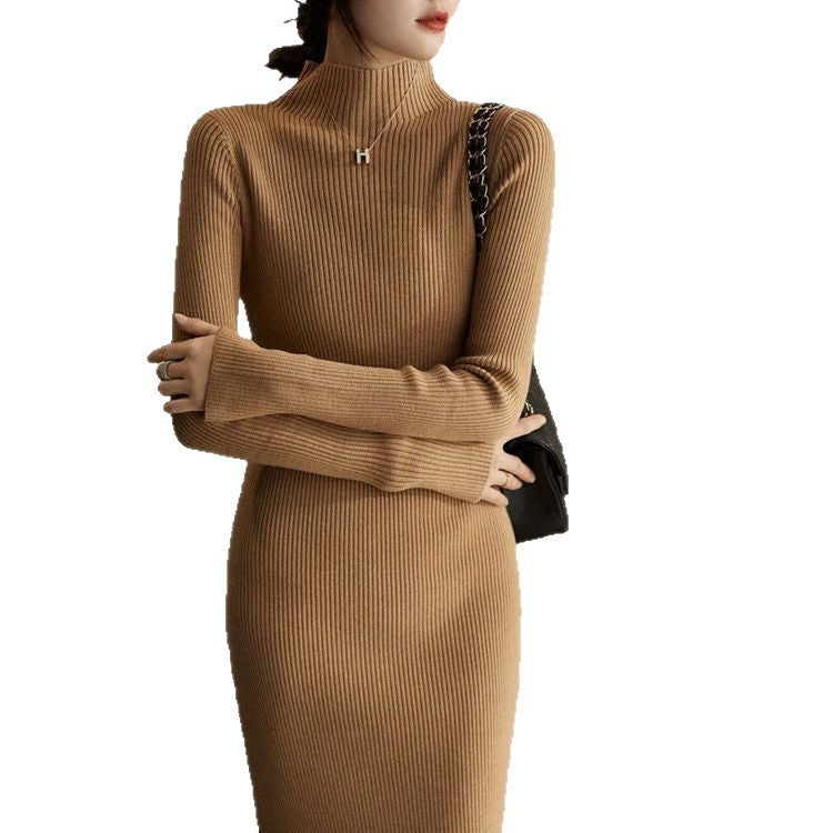 Damen Strickkleid Hochgeschlossener Kragen Feines Rippmuster